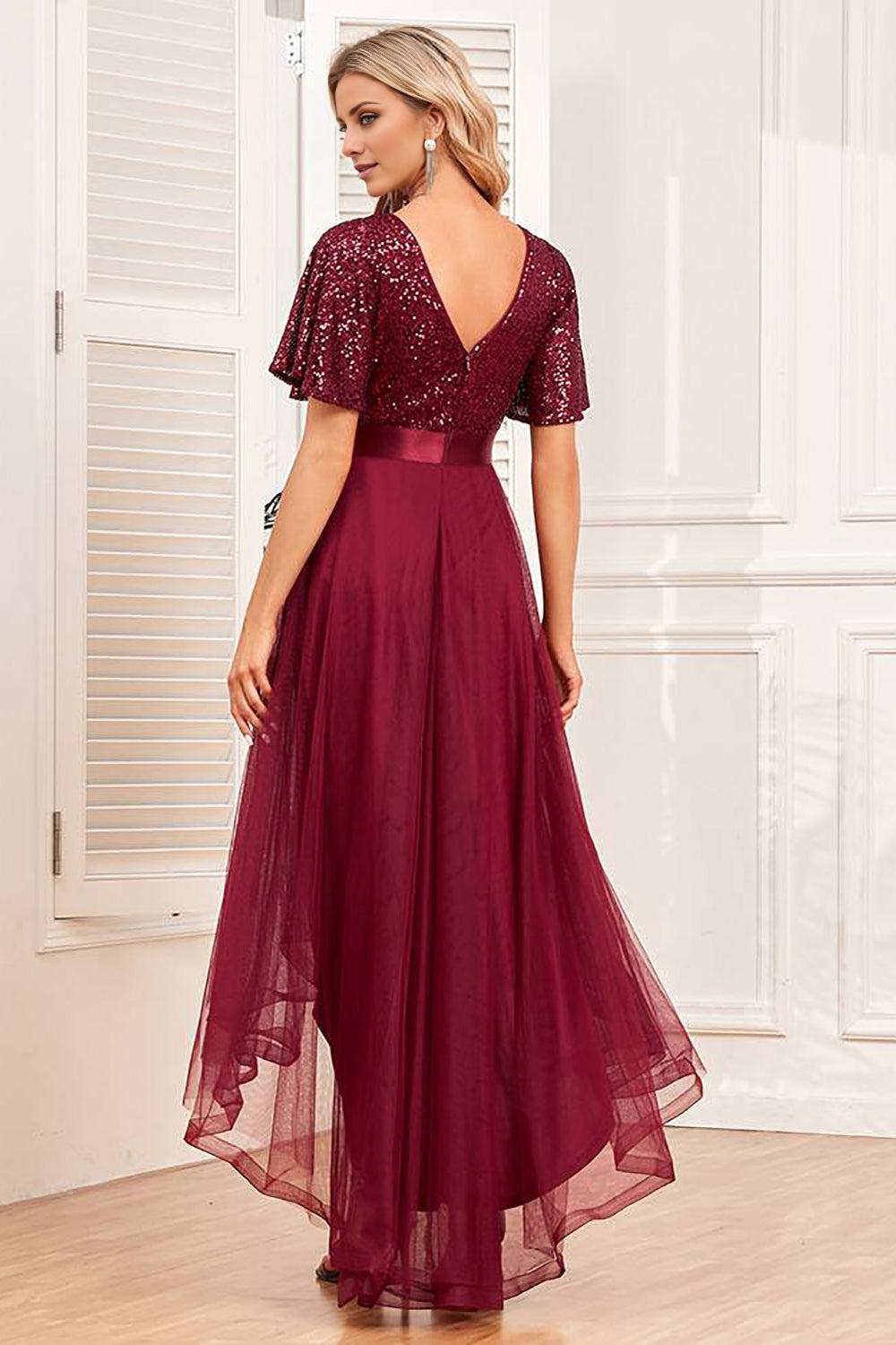Burgundy A-Line V-Neck Sequins Long Mother of the Bride Dress