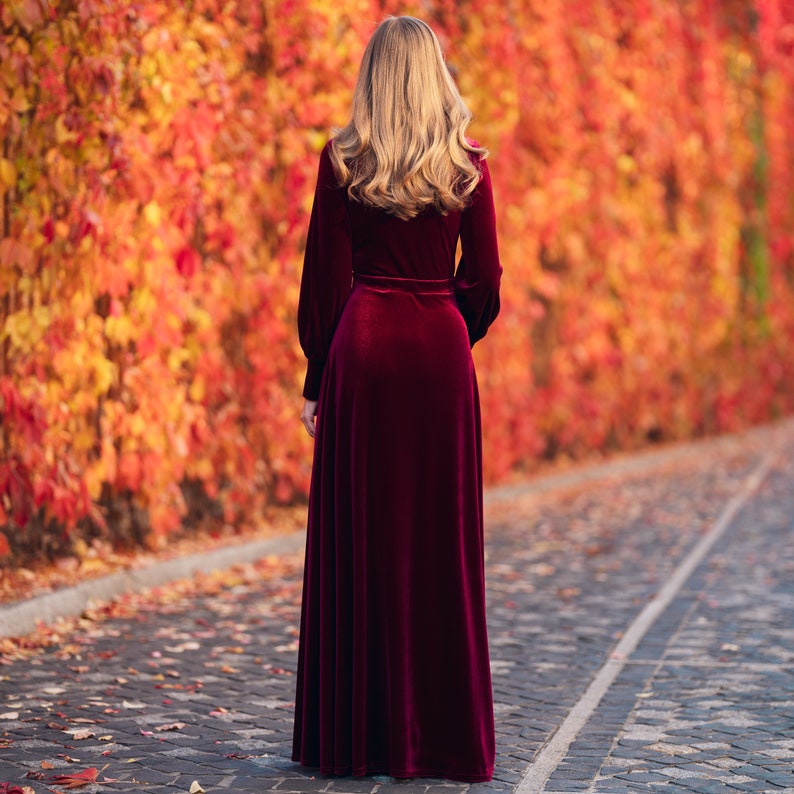 Plum Burgundy Velvet Maxi Dress Evening and New Year’s Wedding Gown
