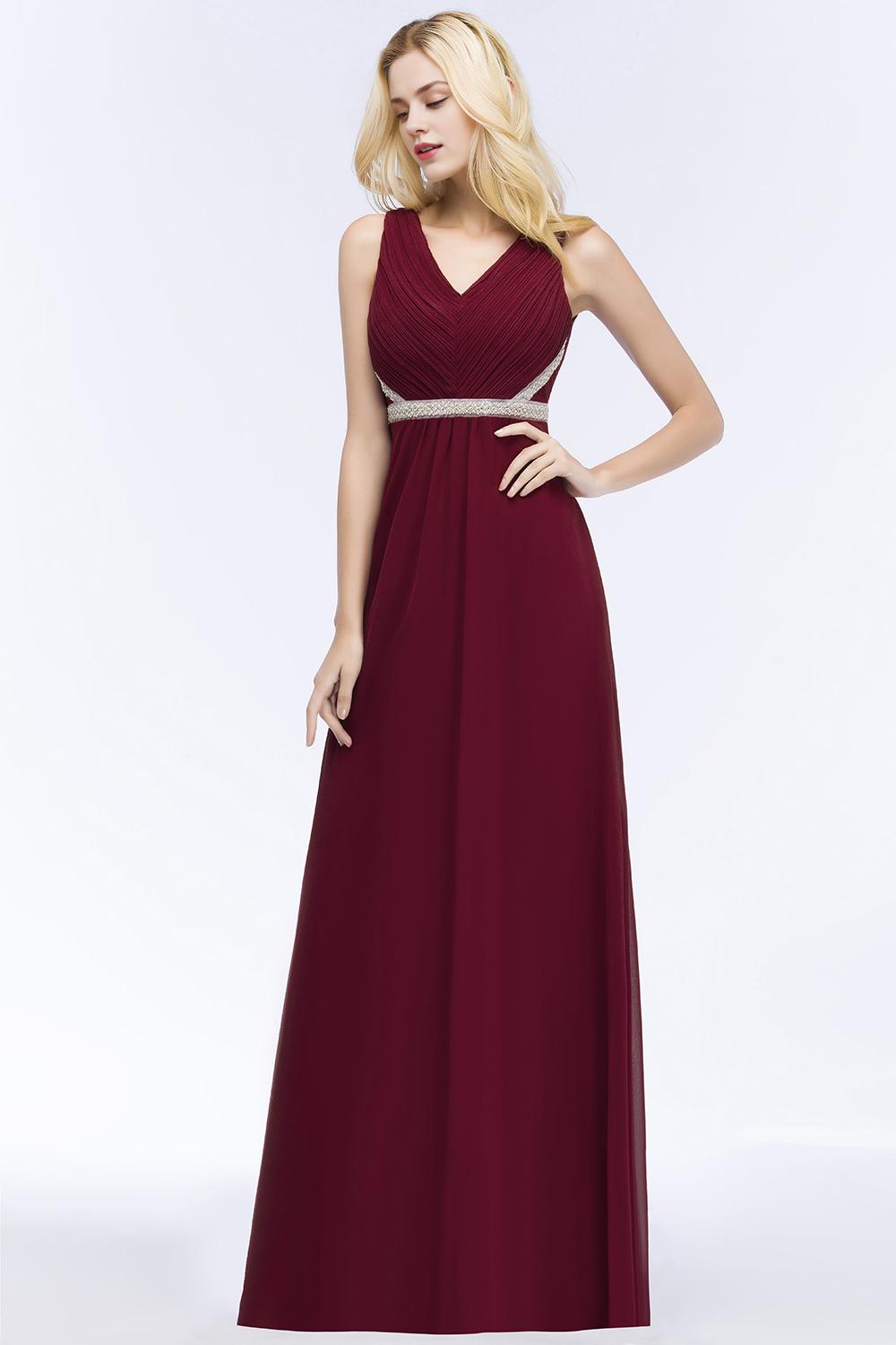 A-line V-neck Long-Sleeveless Ruffled Floor-Length Bridesmaid Dresses with