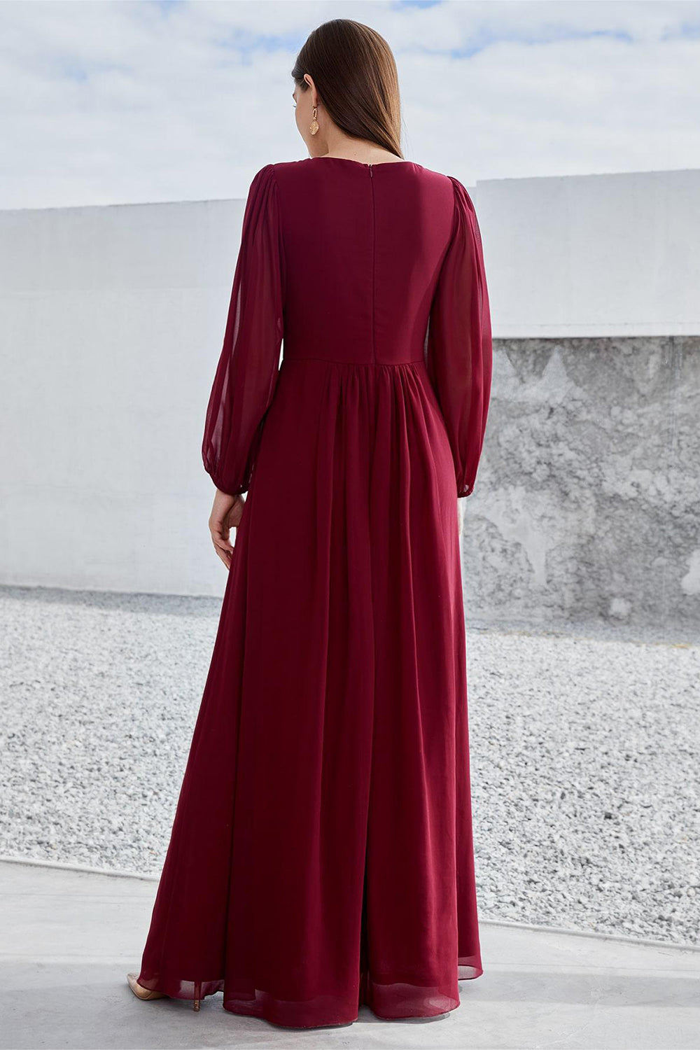 Burgundy A Line Long Sleeves Floor Length Mother of the Bride Dress