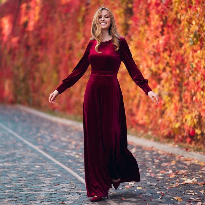 Plum Burgundy Velvet Maxi Dress Evening and New Year’s Wedding Gown