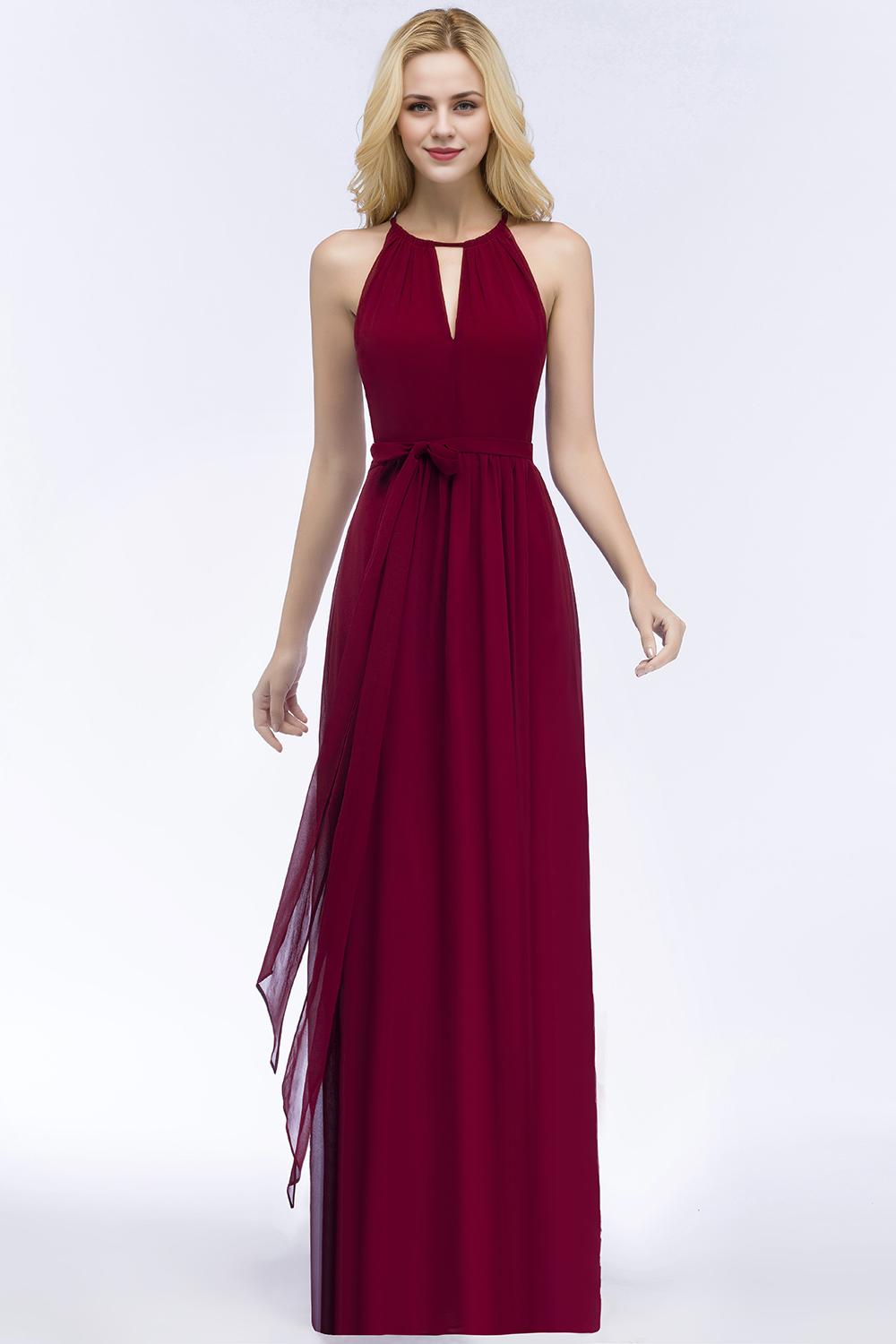 A-Line Halter Sleeveless Ruffles Floor-Length Bridesmaid Dresses with Bow Sash
