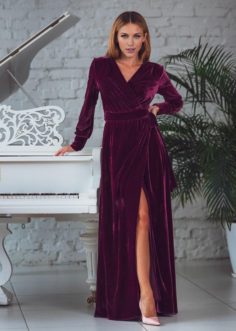 Plum burgundy velvet long wrap dress prom velvet dress velvet bridesmaid dress maxi dress evening dress