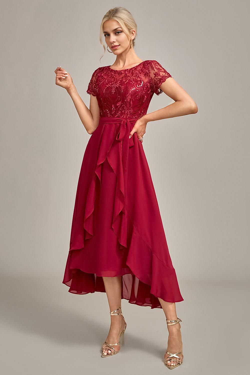 Burgundy Asymmetrical Sequin Mother of Bride Dress with Appliques
