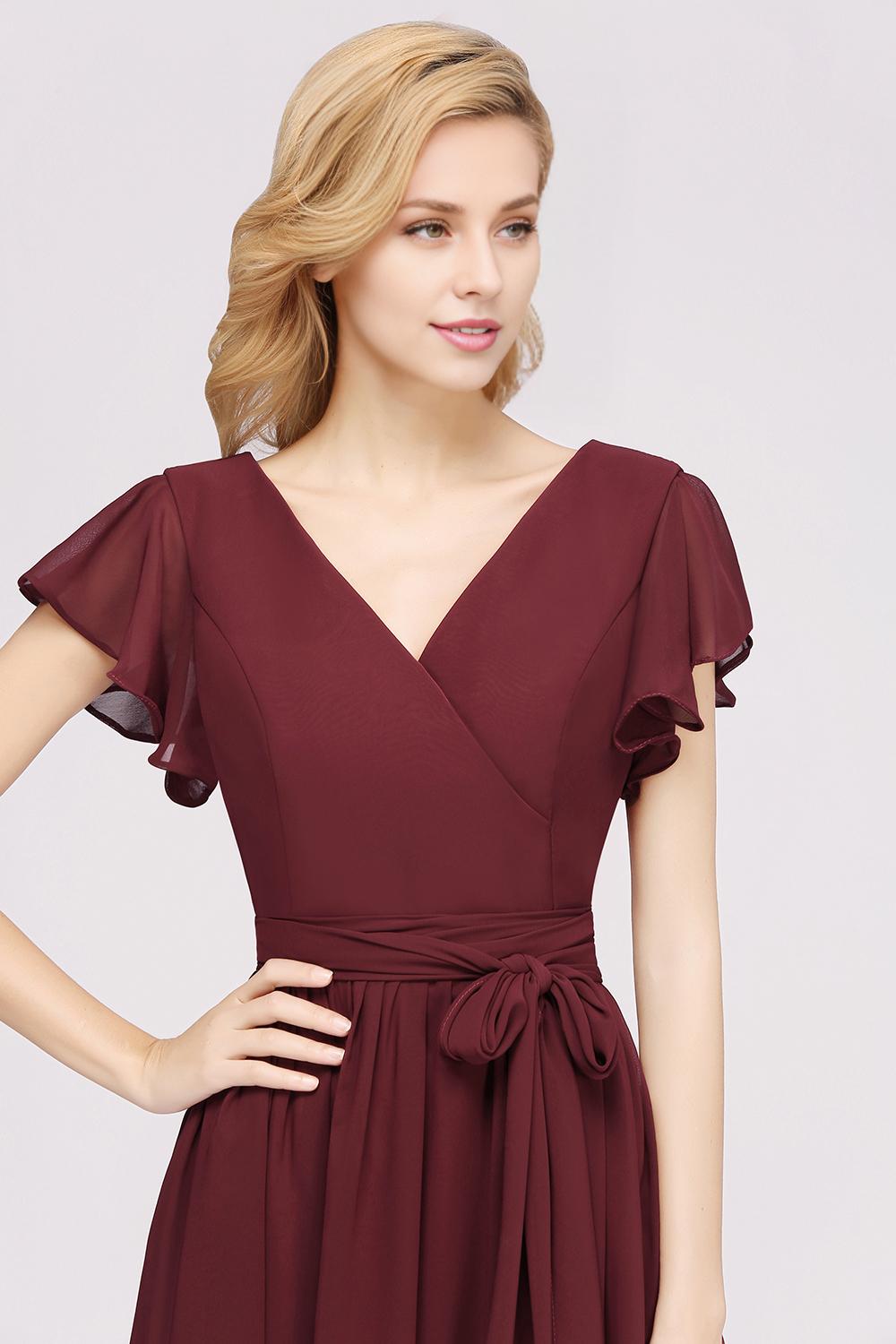 A-line V-Neck Short Sleeves Floor-Length Bridesmaid Dresses with Bow Sash