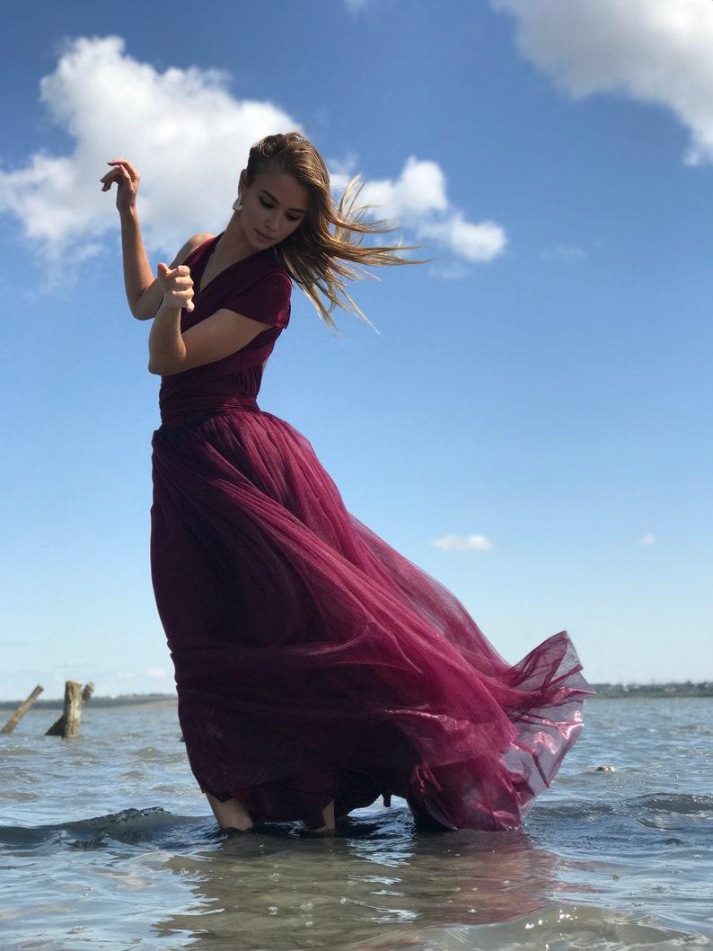 Prom dress long burgundy Tulle wedding dress Formal evening dress