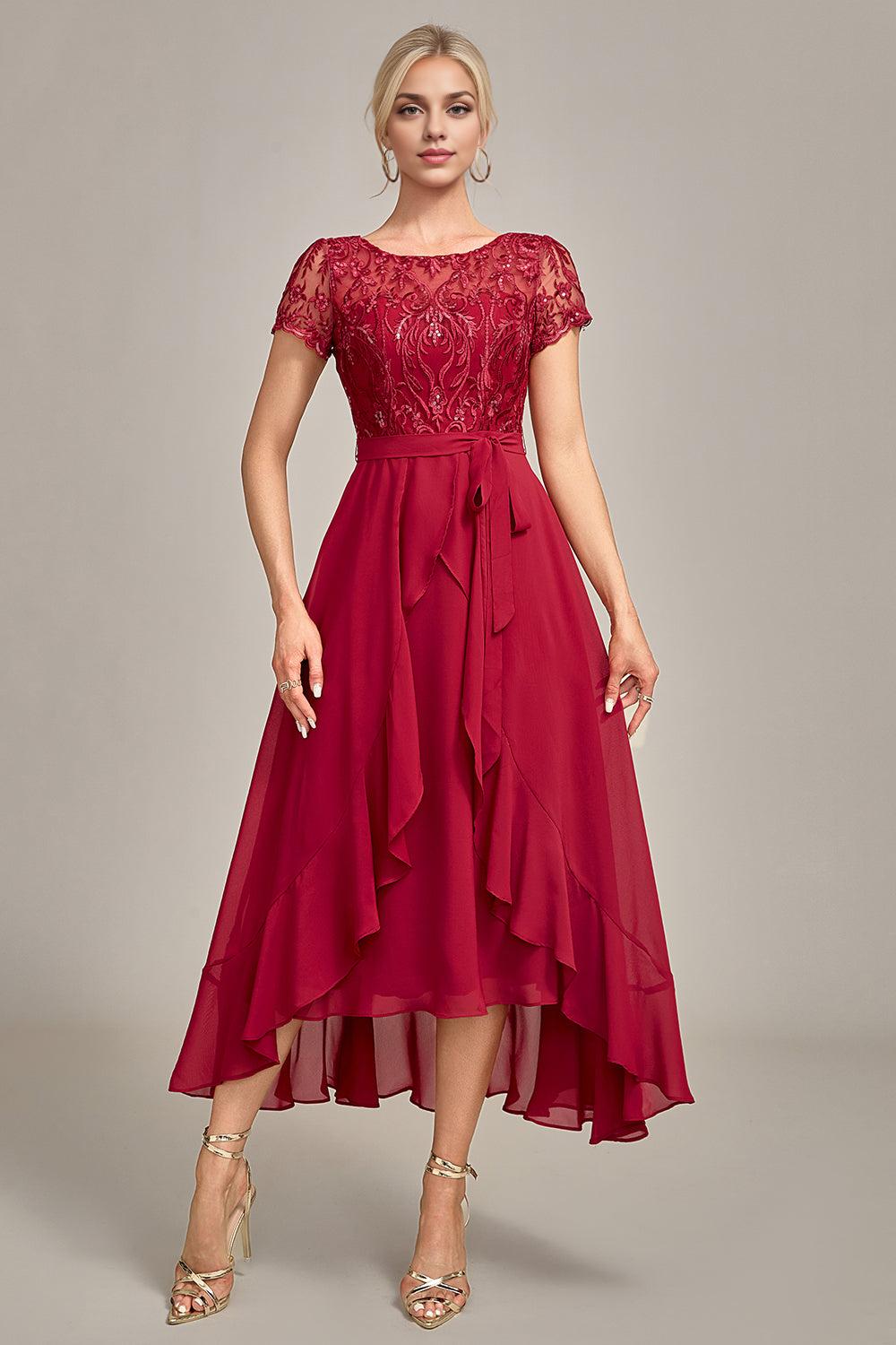 Burgundy Asymmetrical Sequin Mother of Bride Dress with Appliques