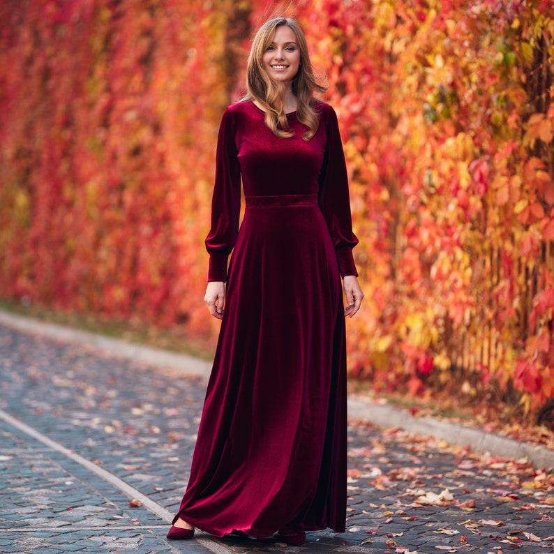 Plum Burgundy Velvet Maxi Dress Evening and New Year’s Wedding Gown