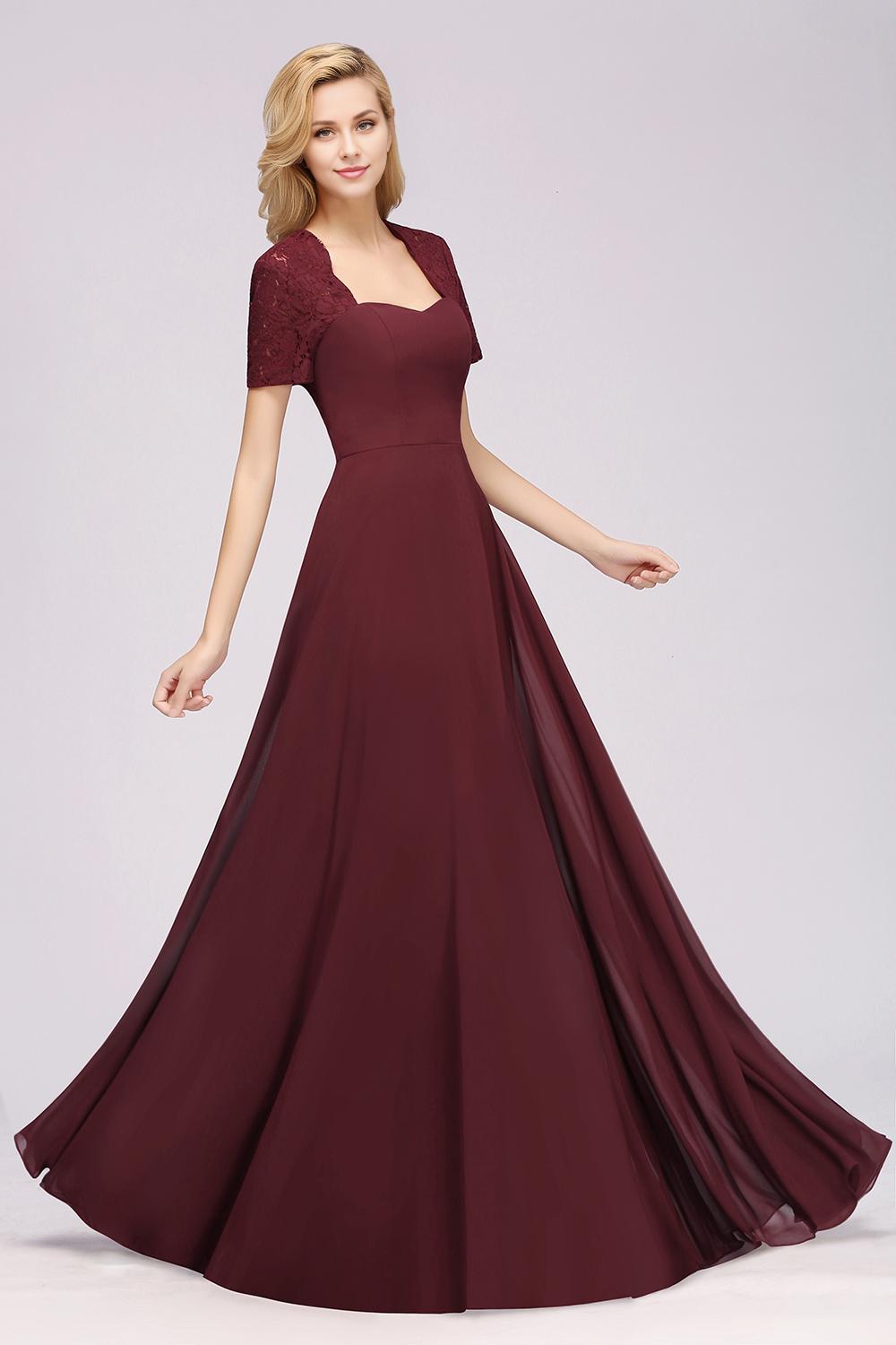 Long A-Line Sweetheart Lace Chiffon Bridesmaid Dresses with Cap Sleeves