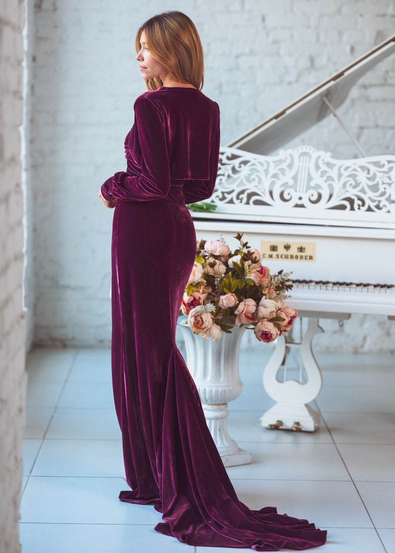Plum burgundy maxi velvet mermaid train dress wedding guest dress evening dress velvet bridesmaid dress