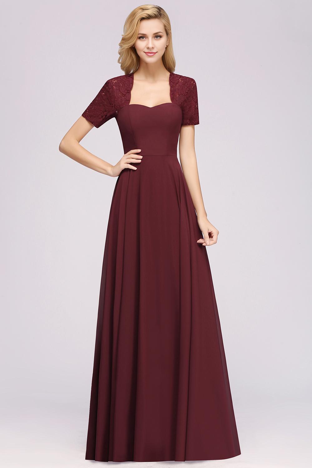 Long A-Line Sweetheart Lace Chiffon Bridesmaid Dresses with Cap Sleeves