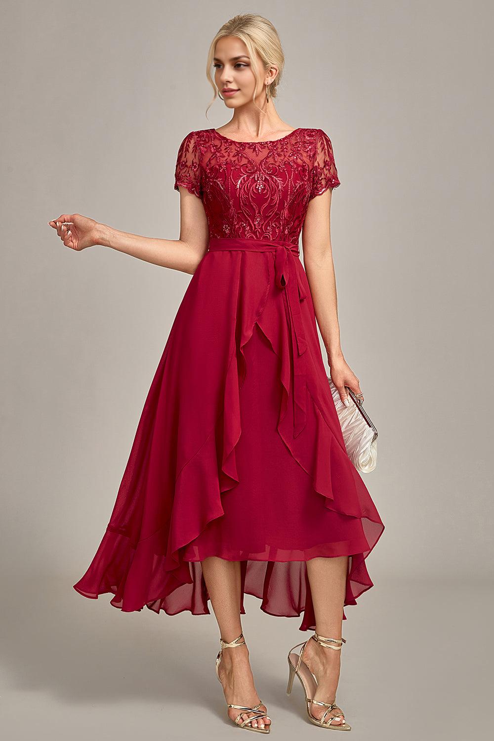 Burgundy Asymmetrical Sequin Mother of Bride Dress with Appliques