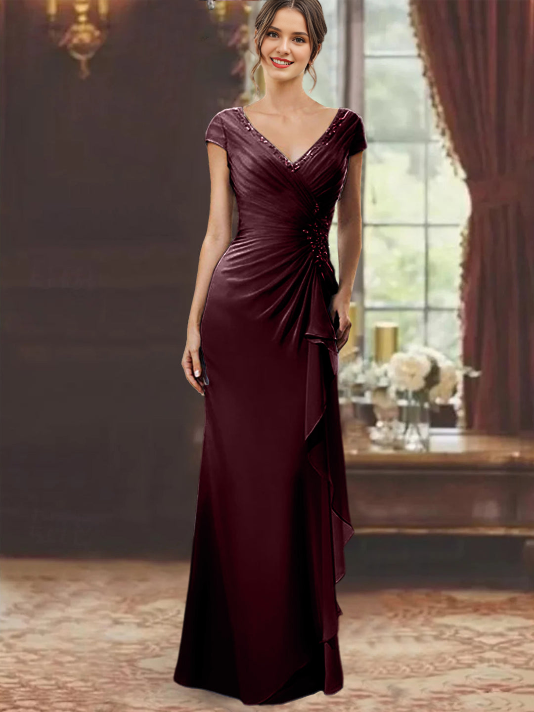 Sheath/Column V-Neck Floor-Length Mother Of The Bride Dresses With Short Sleeves