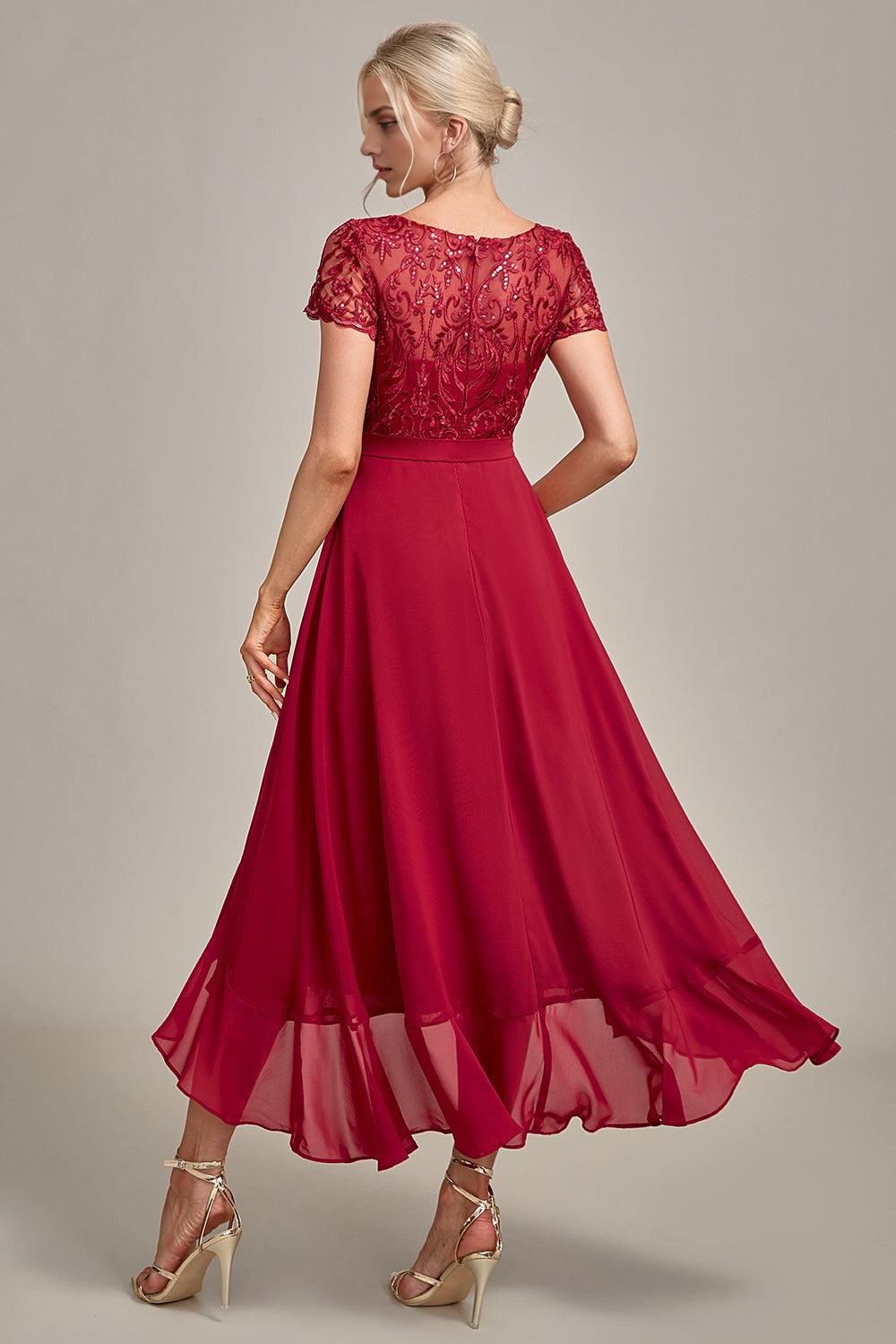Burgundy Asymmetrical Sequin Mother of Bride Dress with Appliques