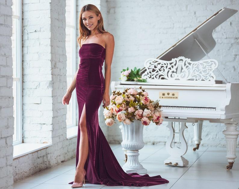 Plum burgundy maxi velvet mermaid train dress wedding guest dress evening dress velvet bridesmaid dress