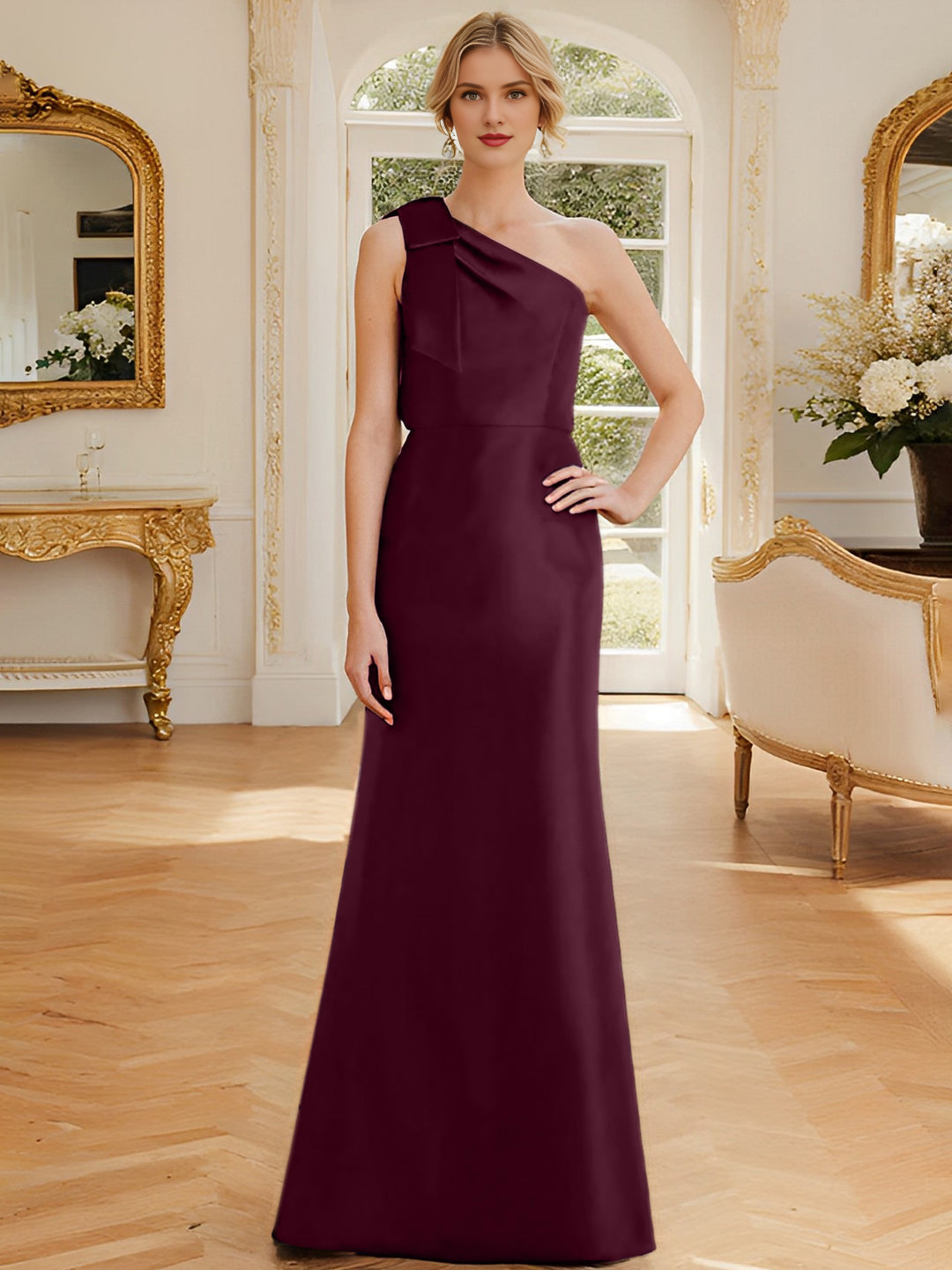 Sheath/Column One-Shoulder Sleeveless Satin Mother Of The Bride Dresses With Bowknot