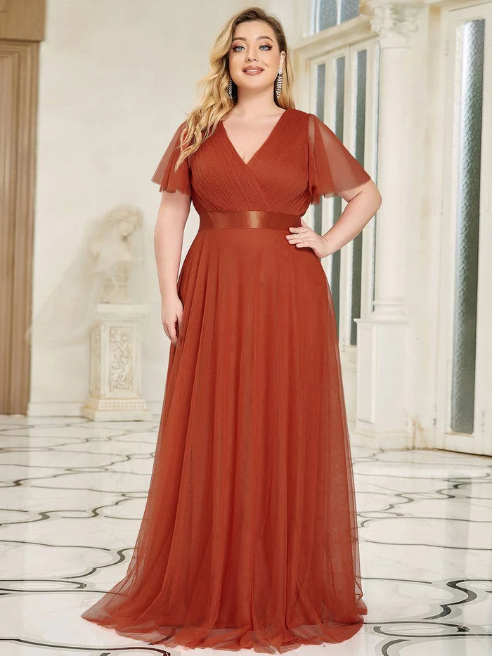 Women's Floor-Length Plus Size Formal Bridesmaid Dress with Short Sleeve