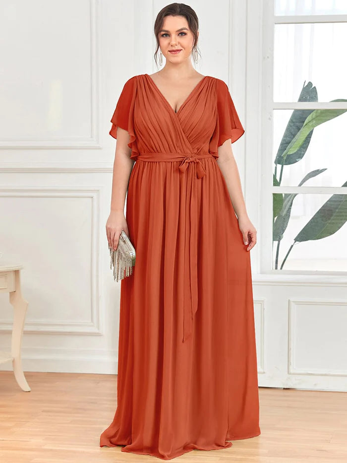 Plus Size Ruffle Pleated Chiffon Tie-Waist Evening Dress