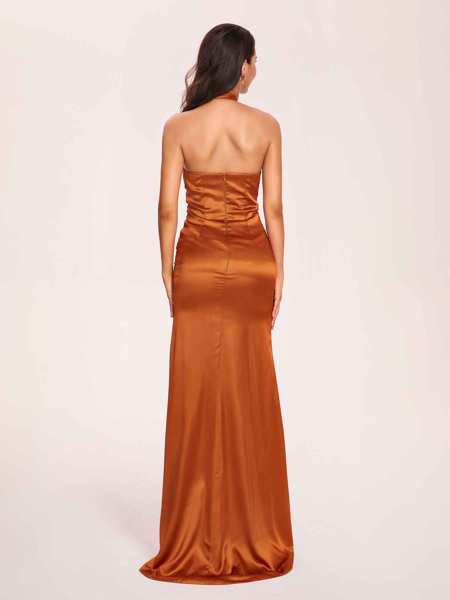Sexy Satin Halter Long Prom Dresses Side Slit Pleats Floor Length Sheath