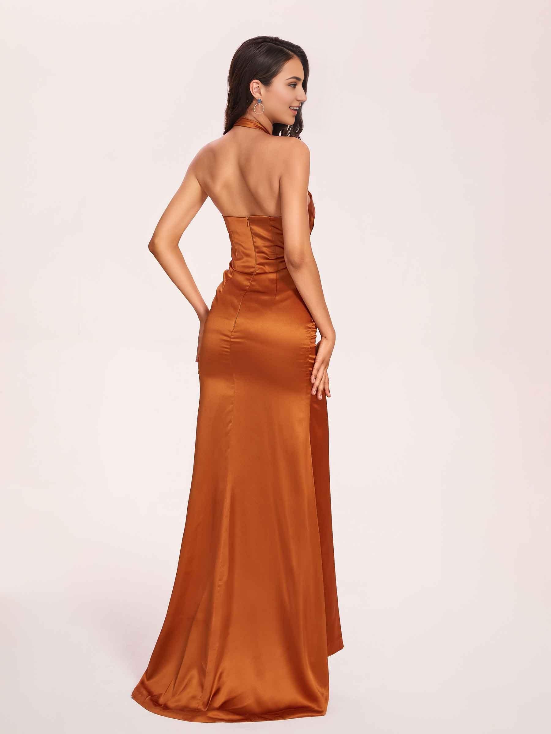 Sexy Satin Halter Long Prom Dresses Side Slit Pleats Floor Length Sheath