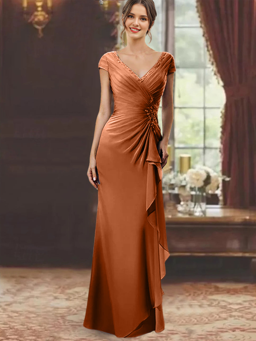 Sheath/Column V-Neck Floor-Length Mother Of The Bride Dresses With Short Sleeves