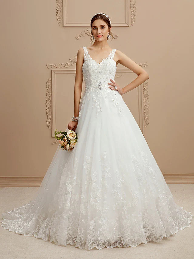 DingjiBall Gown Wedding Dresses V Neck Court Train Tulle Beaded Lace Lace Over Tulle Spaghetti Strap Glamorous Illusion Detail Backless with Beading Appliques