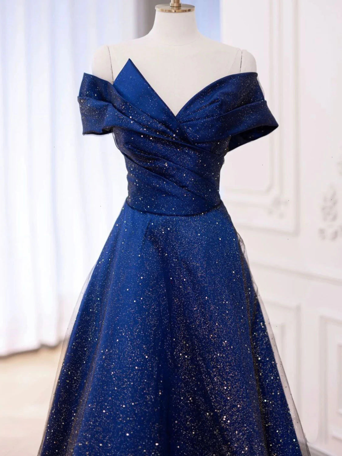 Tulle Satin Dark Blue Long Prom Dress Blue Formal Evening Dress