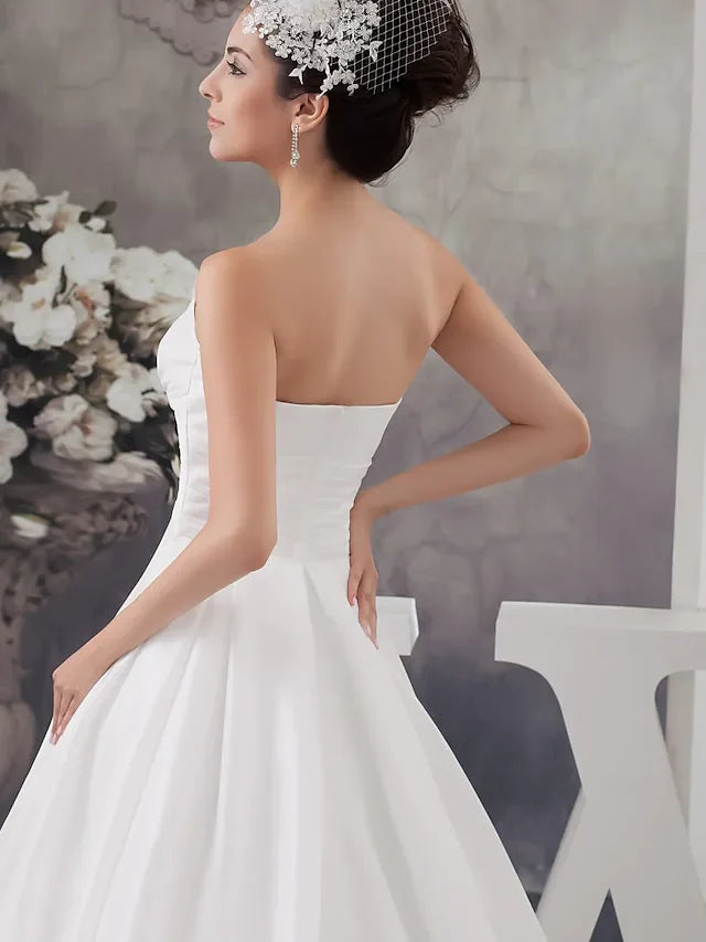DingjiA-Line Wedding Dresses Strapless Chapel Train Satin Strapless with Ruched Beading Draping