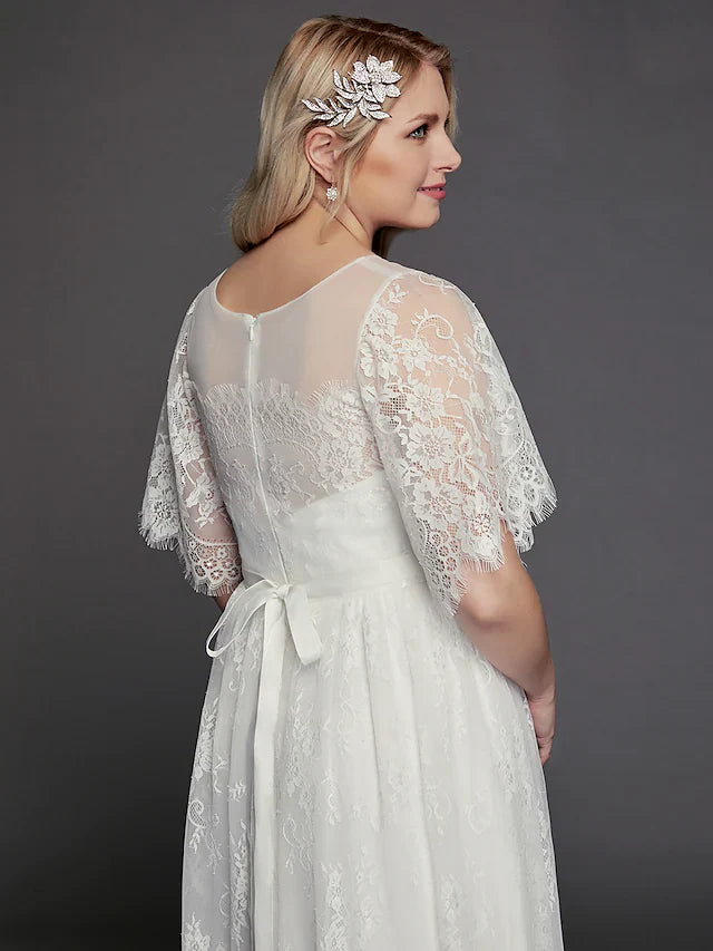 DingjiA-Line Wedding Dresses Illusion Neck Jewel Neck Floor Length Lace Tulle Half Sleeve Formal Boho Little White Dress See-Through with Beading Lace Insert