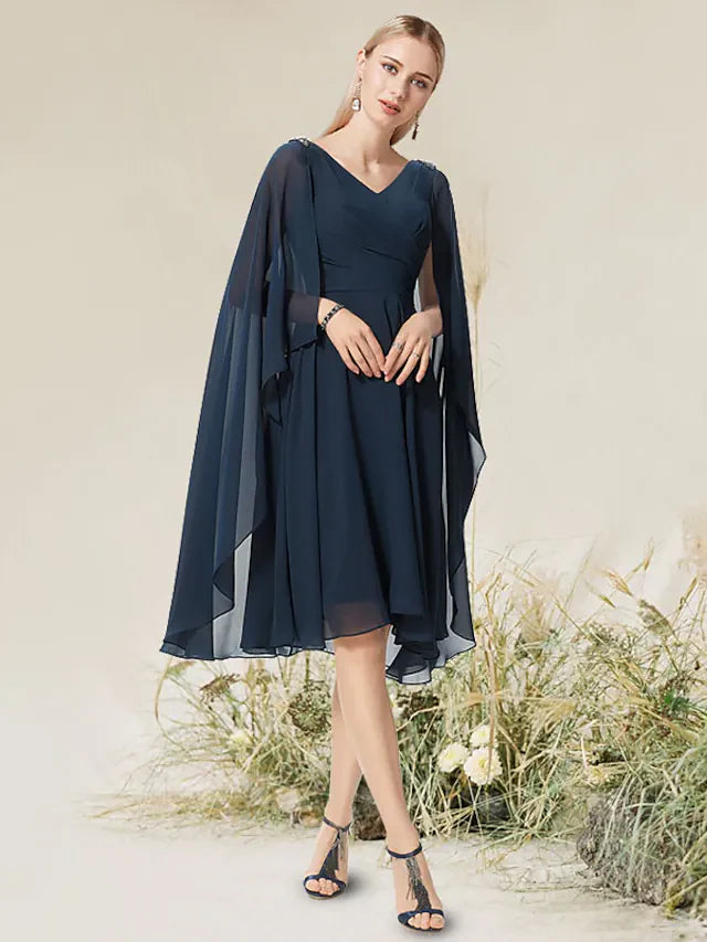 DingjiA-Line Minimalist Elegant Wedding Guest Cocktail Party Dress V Neck Short Sleeve Knee Length Chiffon Lace with Beading