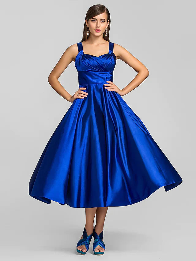 DingjiA-Line Minimalist Elegant Cocktail Party Wedding Party Dress Square Neck Sleeveless Tea Length Stretch Satin with Criss Cross