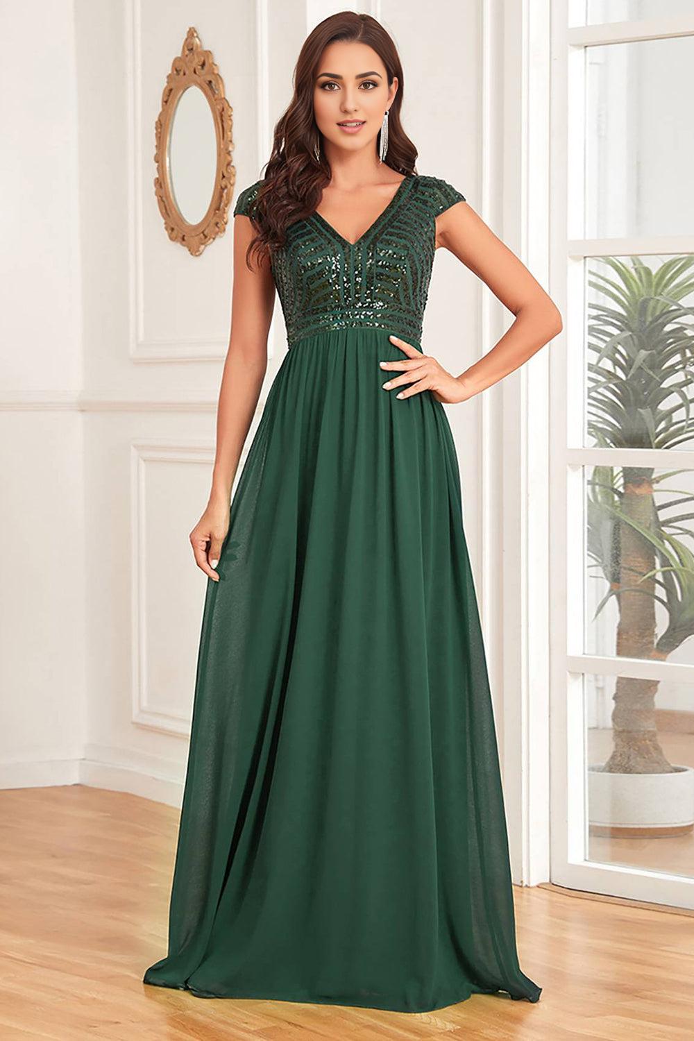 A Line V-Neck Dark Green Mother of the Bride Dress with Sequins