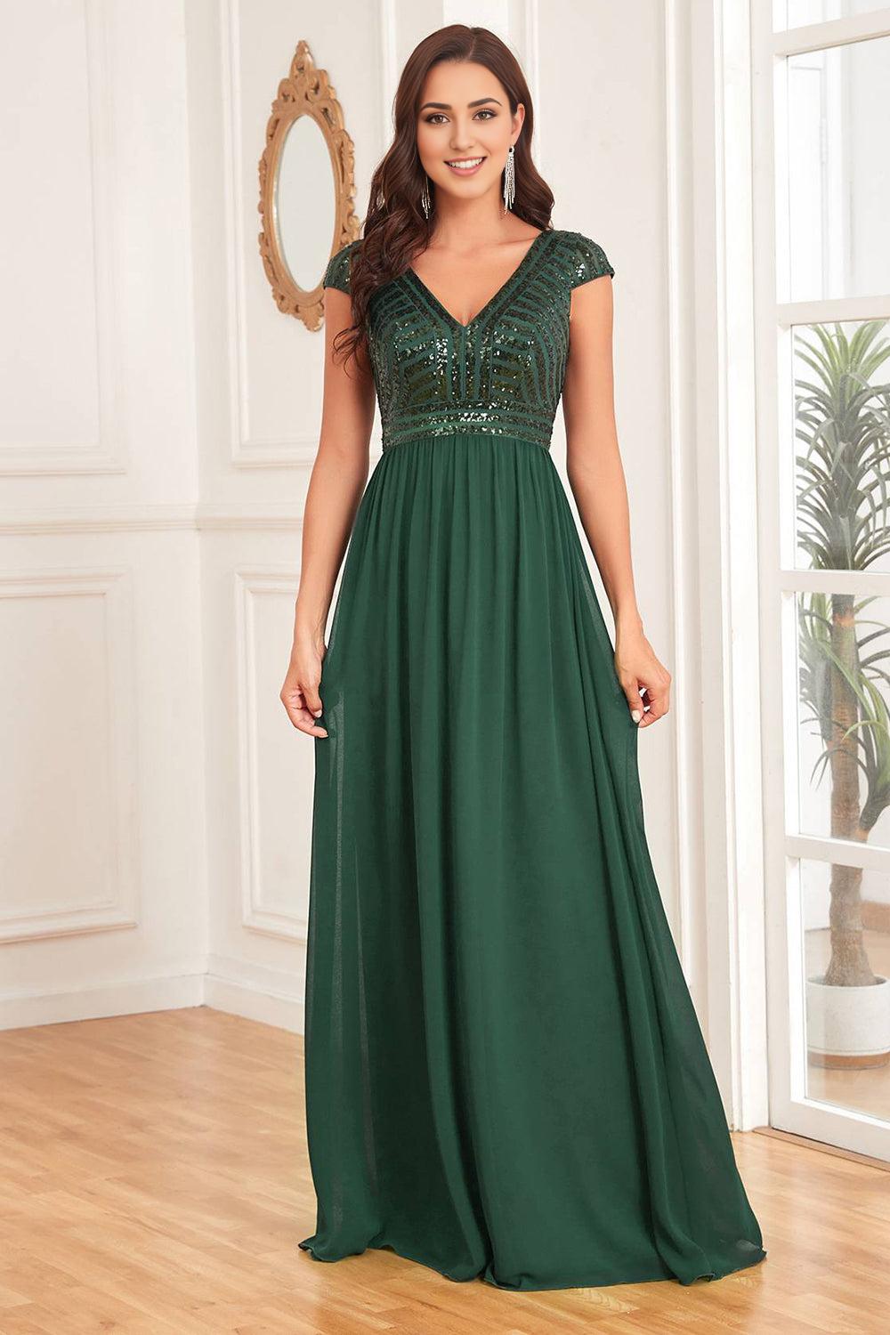 A Line V-Neck Dark Green Mother of the Bride Dress with Sequins