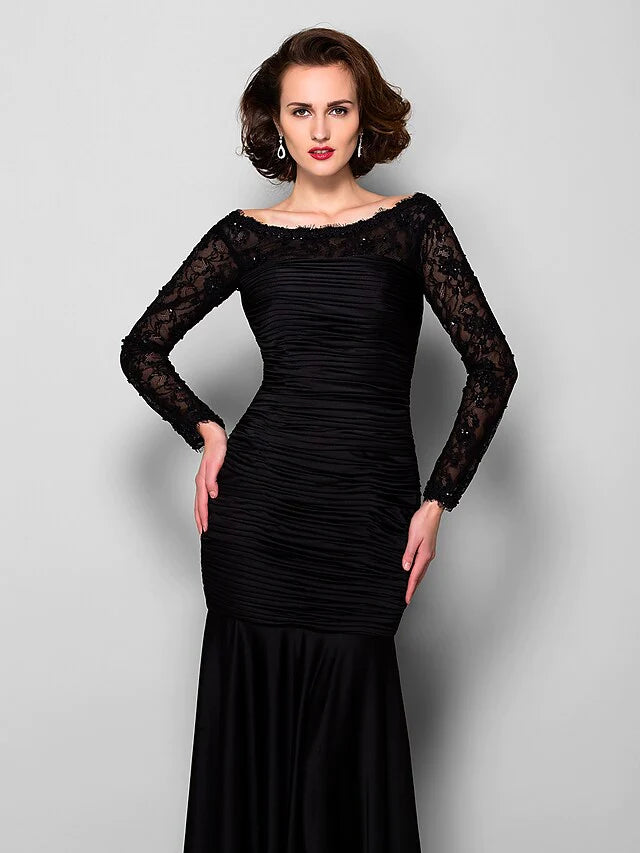 Mother of the Bride Dress Beautiful Back Jewel Neck Lace Jersey Long Sleeve with Lace Ruched Beading