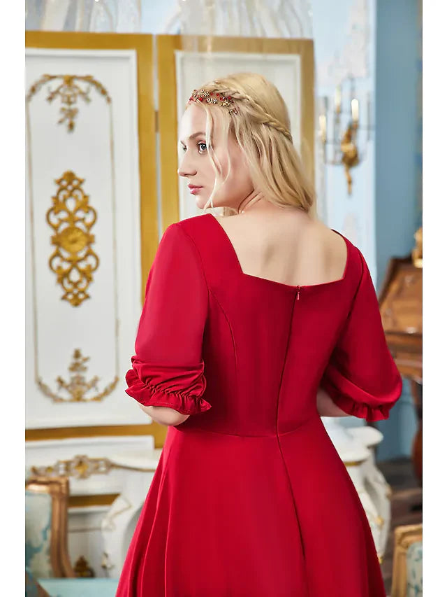 DingjiA-Line Plus Size Elegant Engagement Prom Dress V Neck Half Sleeve Tea Length Stretch Fabric with Buttons Pleats