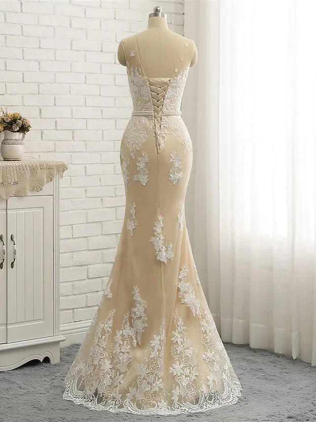 DingjiWedding Dresses Jewel Neck Chapel Train Lace Tulle Lace Over Satin Regular Straps Formal See-Through with Sashes Ribbons Pearls Appliques