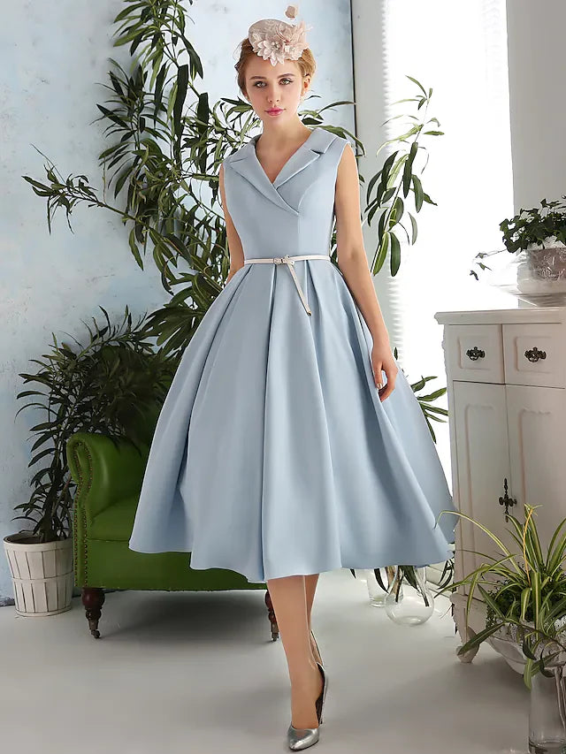 DingjiA-Line Elegant Vintage Inspired Cocktail Party Prom Dress V Neck Sleeveless Tea Length Spandex with Sash Ribbon