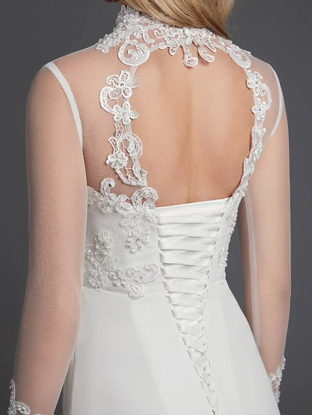 DingjiA-Line Wedding Dresses High Neck Court Train Chiffon Lace Long Sleeve Vintage Plus Size Backless with Lace Buttons