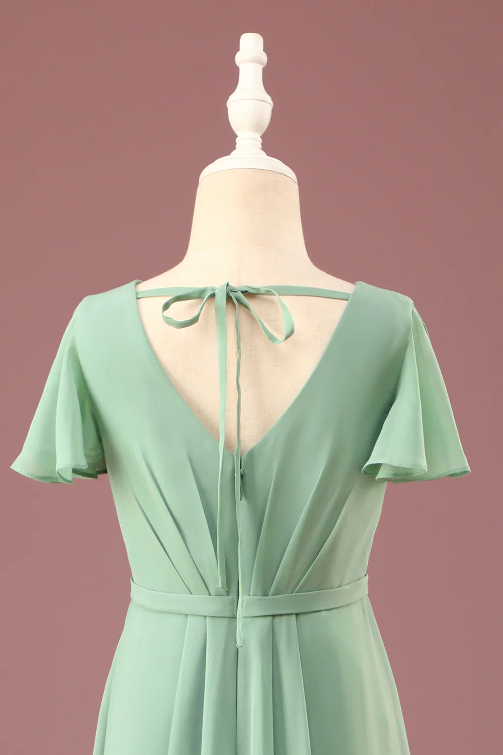 Long Matcha A-line Chiffon V-neck Short Sleeves Junior Bridesmaid Dress