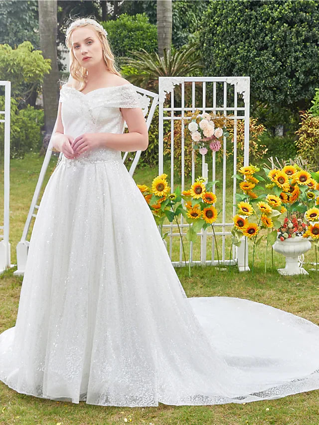Princess Ball Gown Wedding Dresses Off Shoulder Cathedral Train Lace Tulle Sleeveless Formal Romantic Luxurious Sparkle & Shine Plus Size with Beading Sequin