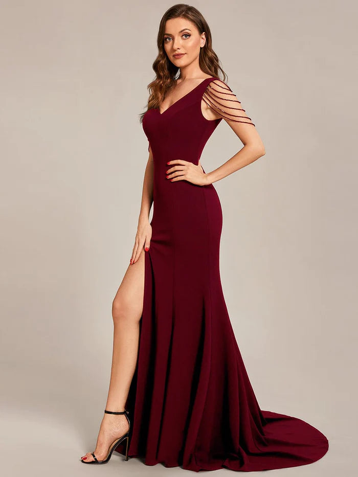 Custom Size V Neck Stretch Crepe High Front Slit Bodycon Prom Dress