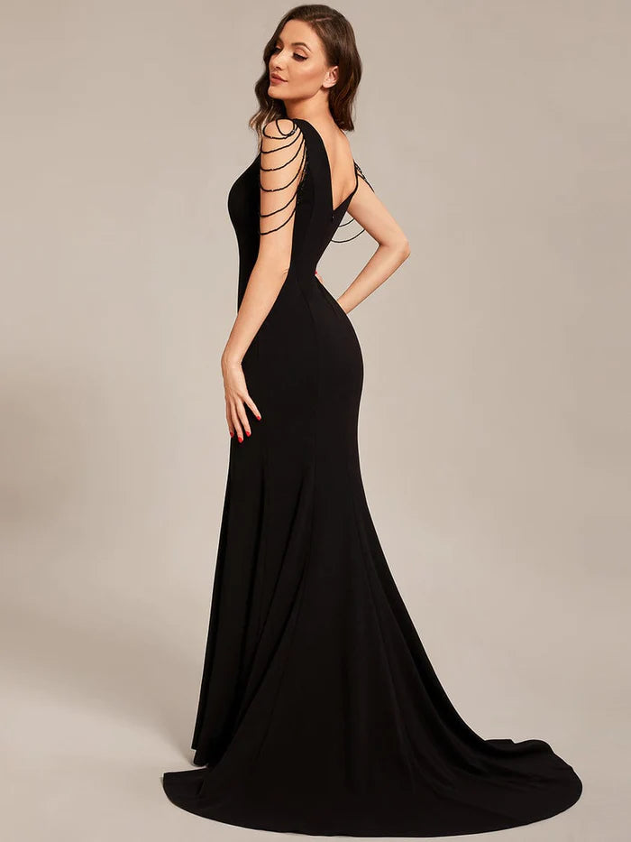 Custom Size V Neck Stretch Crepe High Front Slit Bodycon Prom Dress