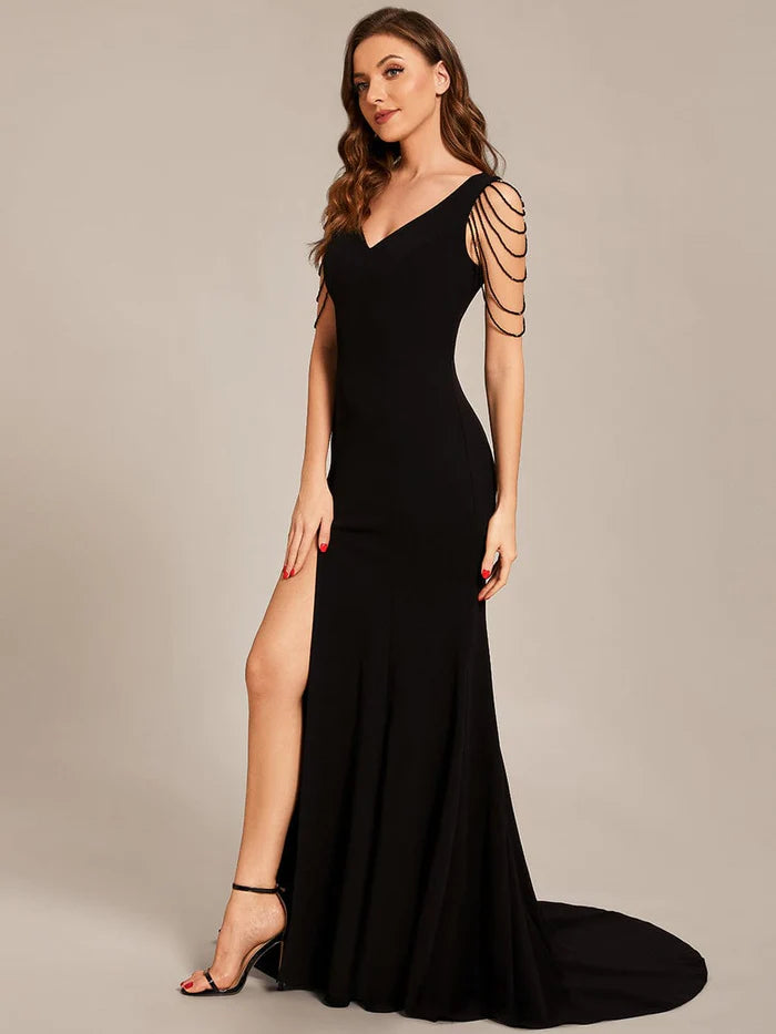 Custom Size V Neck Stretch Crepe High Front Slit Bodycon Prom Dress