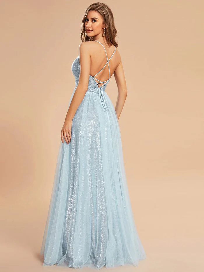 Custom Size Sparkly Spaghetti Strap A-Line Back Lace-Up Prom Dress