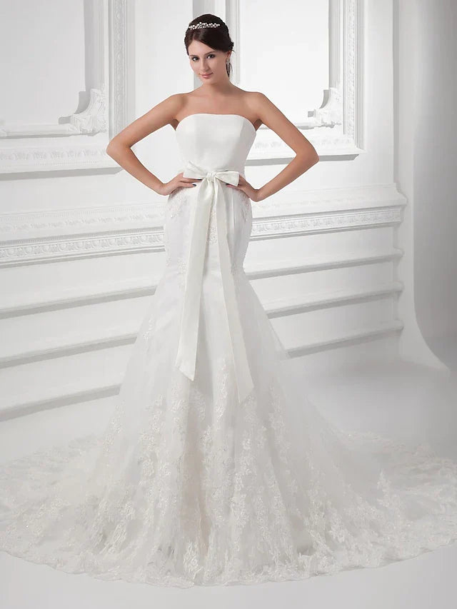 DingjiWedding Dresses Strapless Chapel Train Lace Satin Tulle Strapless with Bow(s) Buttons Beading