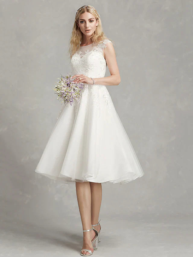 DingjiA-Line Wedding Dresses Jewel Neck Tea Length Lace Tulle Cap Sleeve Beautiful Back with Appliques