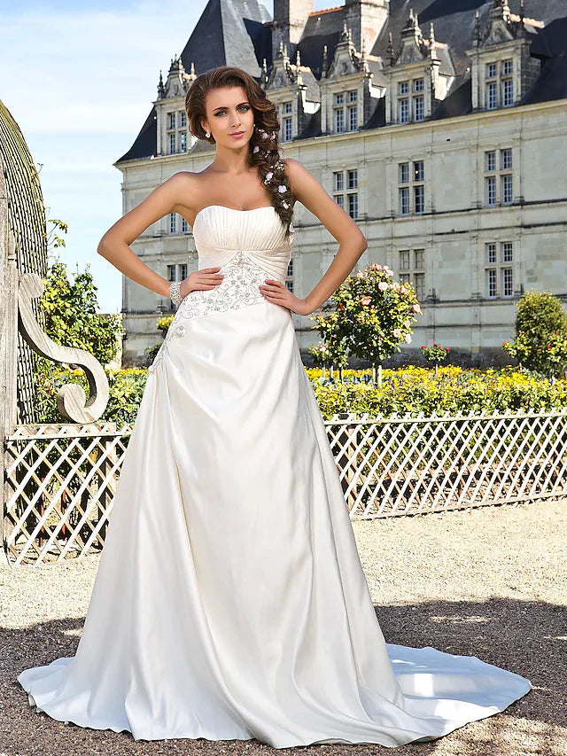 DingjiPrincess A-Line Wedding Dresses Strapless Chapel Train Satin Sleeveless