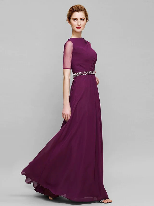 Mother of the Bride Dress Elegant Bateau Neck Floor Length Chiffon Tulle Half Sleeve with Beading