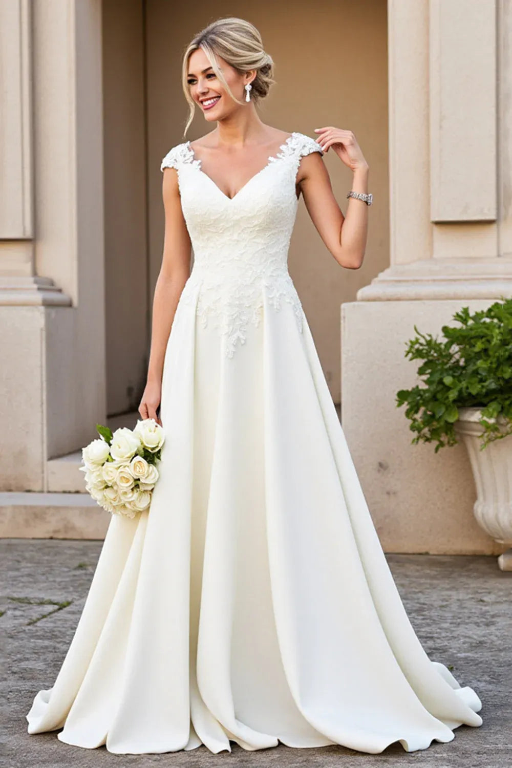Cap Sleeve Lace A-Line Wedding Dress with Illusion V-Back - Romantic Bridal Gown