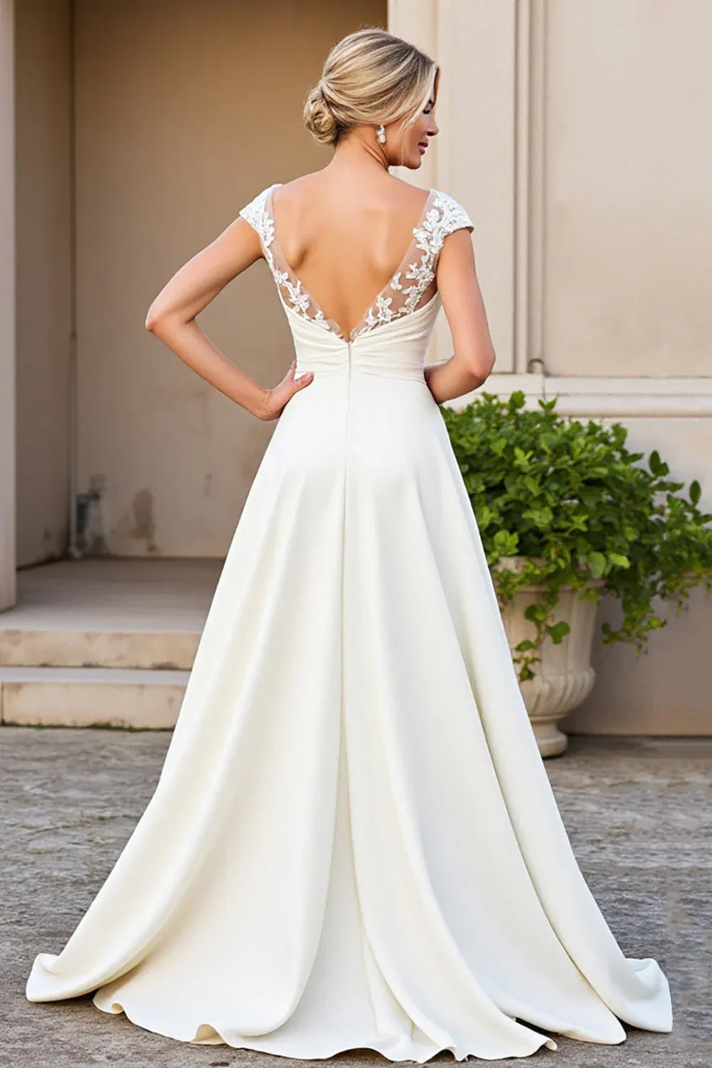 Cap Sleeve Lace A-Line Wedding Dress with Illusion V-Back - Romantic Bridal Gown